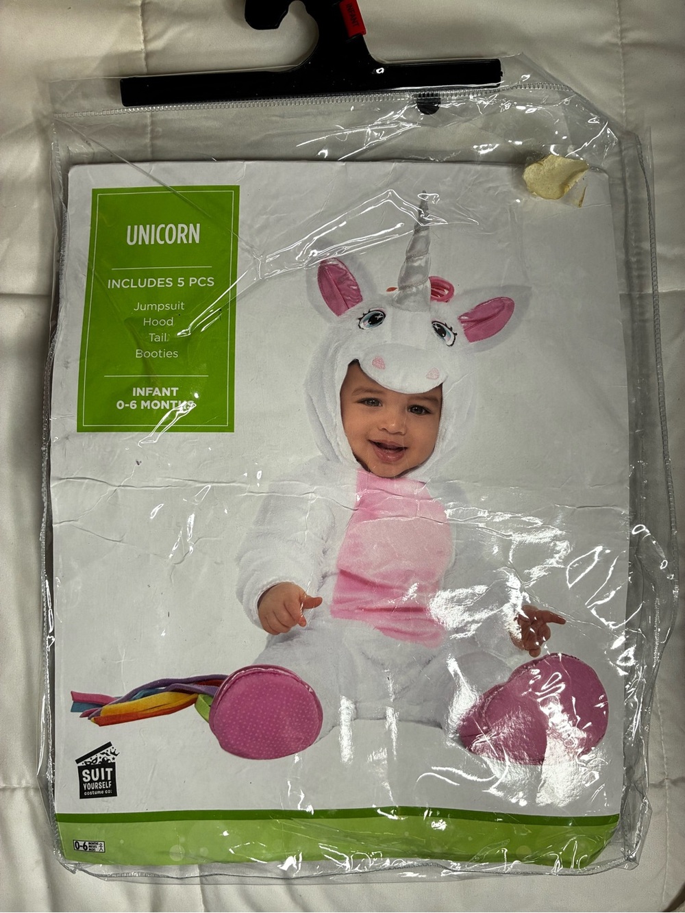 0-6M White Unicorn Baby Costume with Pink Belly and Rainbow Mane